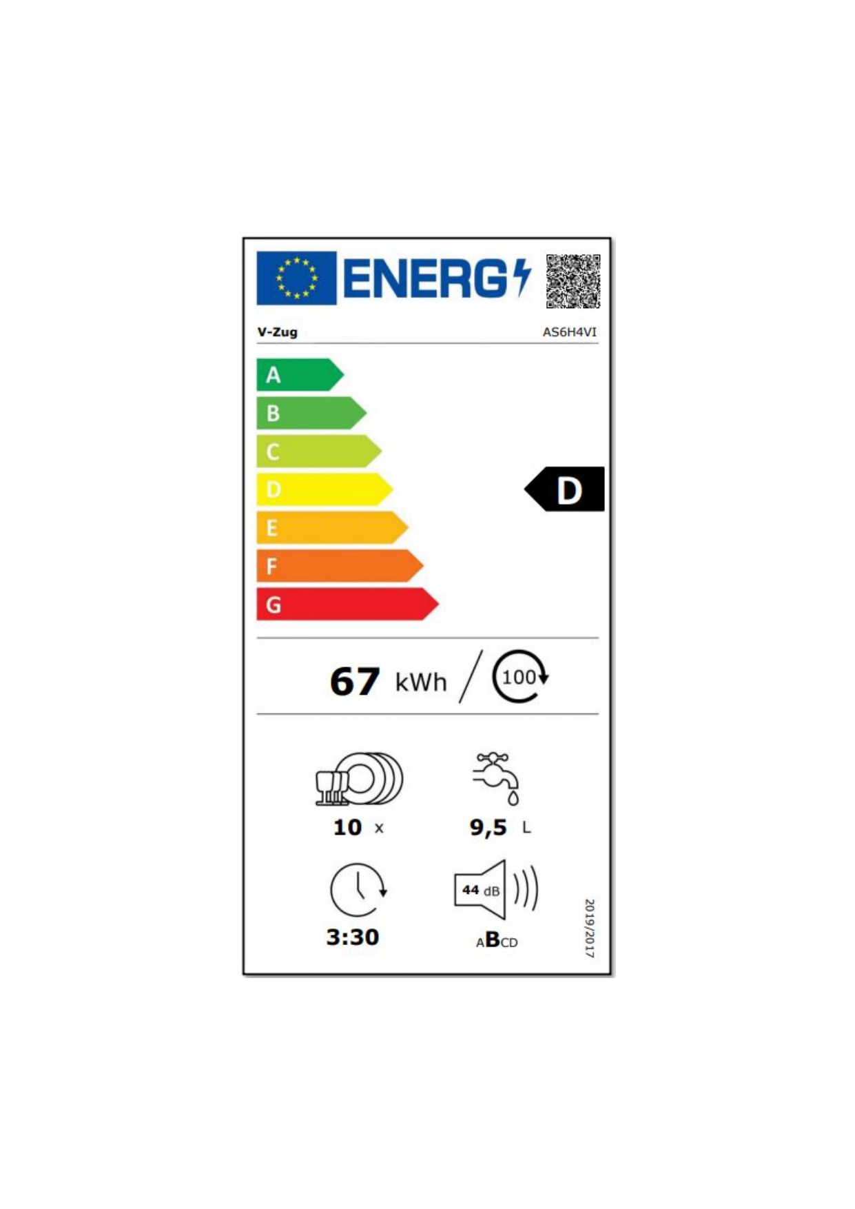  V-ZUG V600 Lave-vaisselle entièrement intégré Norme UE 45cm 4114100000 Energieeffizienzklasse