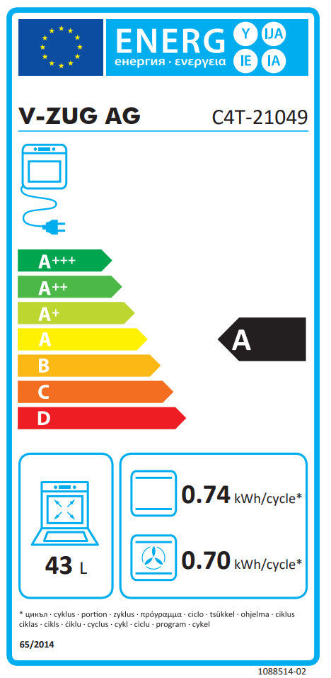  V-ZUG Backofen Combair V6000 45 2105000004 Energieeffizienzklasse