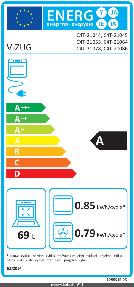  V-ZUG V2000, V4000 Fours encastrables 55 cm (Norme CH / SMS) 2104400008 Energieeffizienzklasse