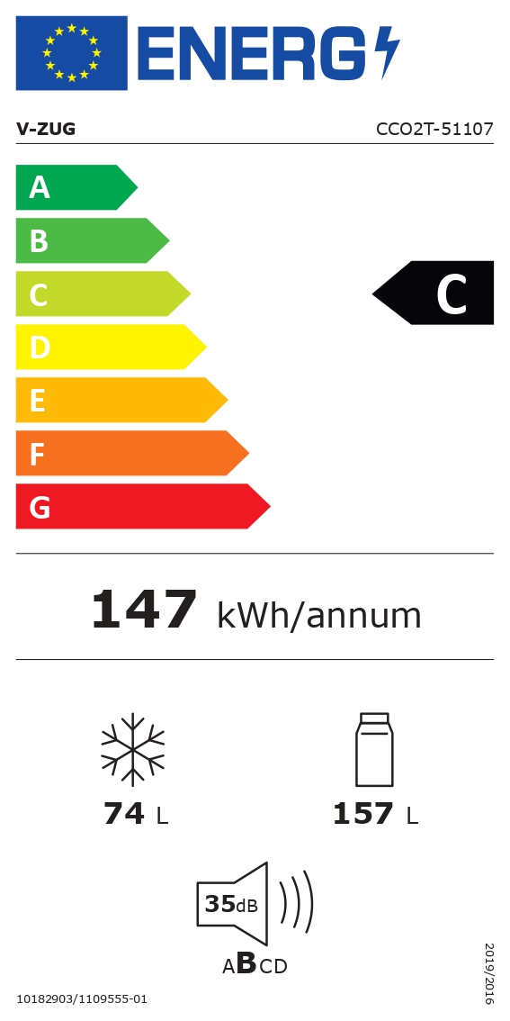  V-ZUG Réfrigérateur encastrable 60 cm (UE Norme) 5110700001 Energieeffizienzklasse