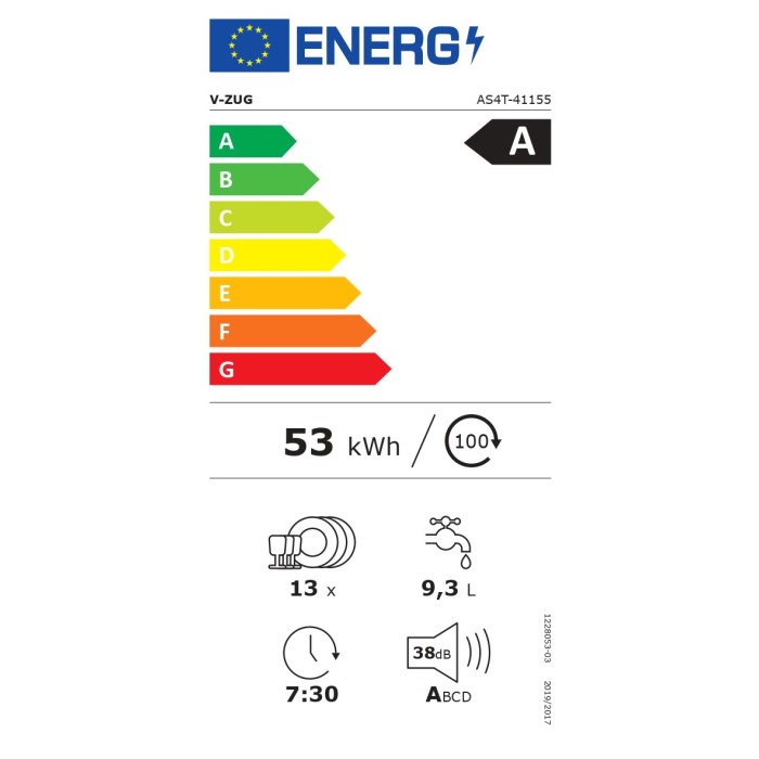  V-ZUG V4000 Lave-vaisselle entièrement intégré Norme UE 55cm 4115500002 Energieeffizienzklasse