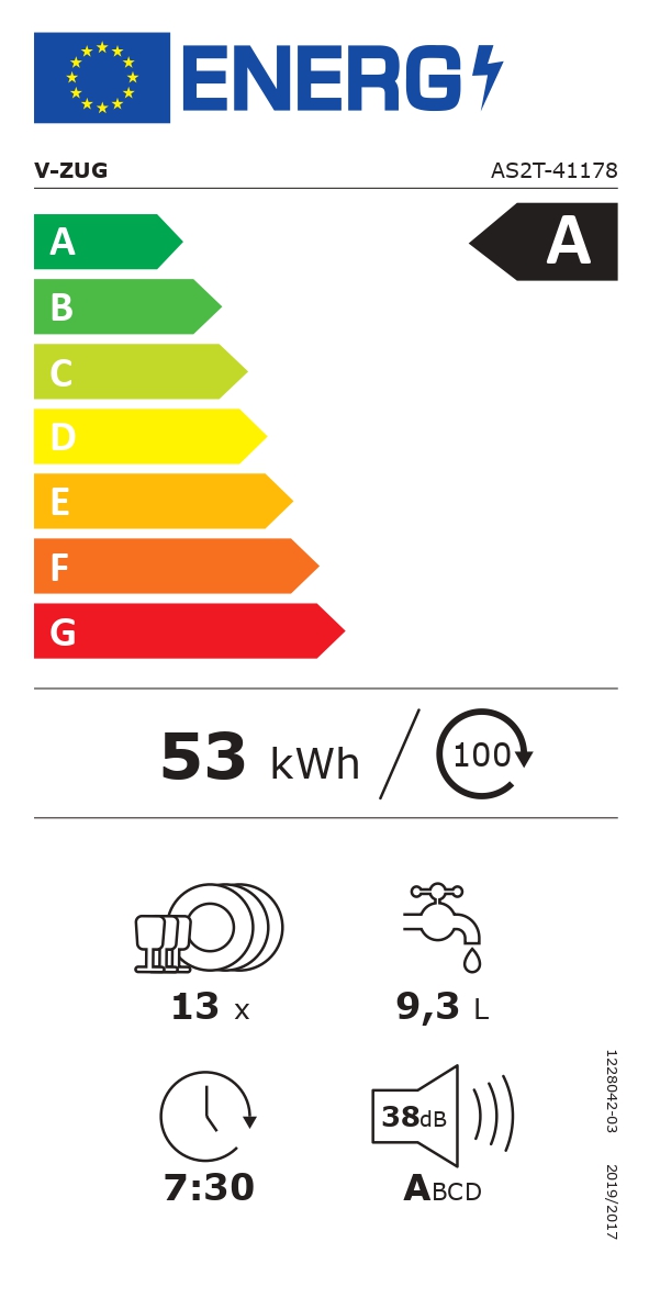  V-ZUG V2000 Lave-vaisselle entièrement intégré Norme UE 55cm 4117800002 Energieeffizienzklasse