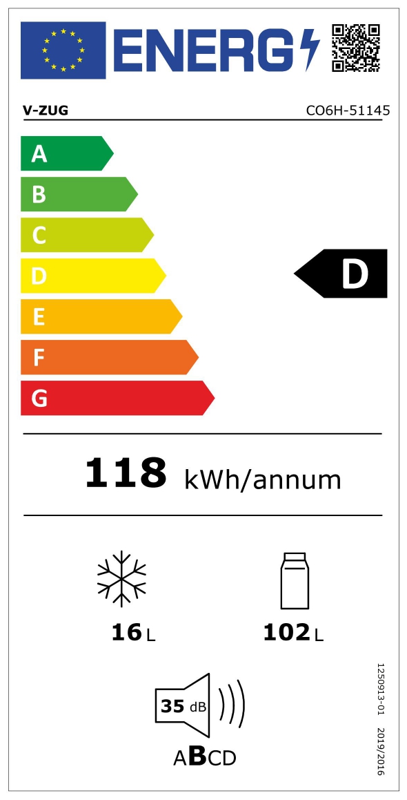  V-ZUG Cooler V600 8UG links 5113700000 Energieeffizienzklasse