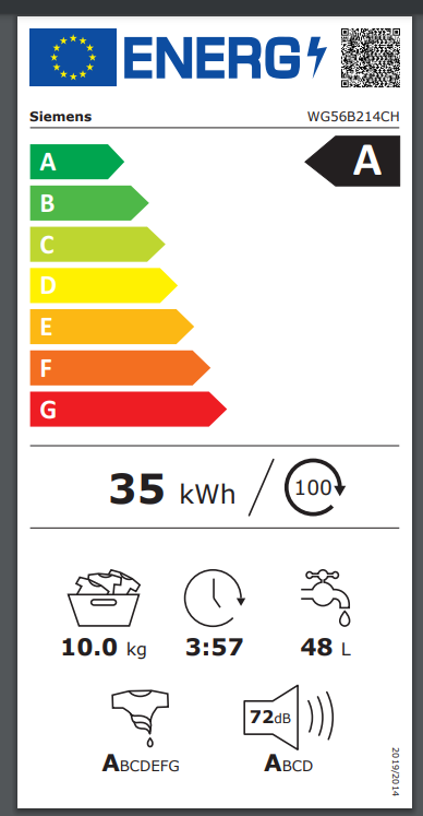 Siemens WG56B214CH Energieeffizienzklasse Siemens WG56B214CH Energieeffizienzklasse