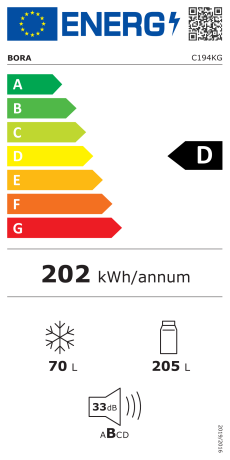  Bora C194KGS2 Réfrigérateur encastrable 60 cm (UE Norme) Energieeffizienzklasse